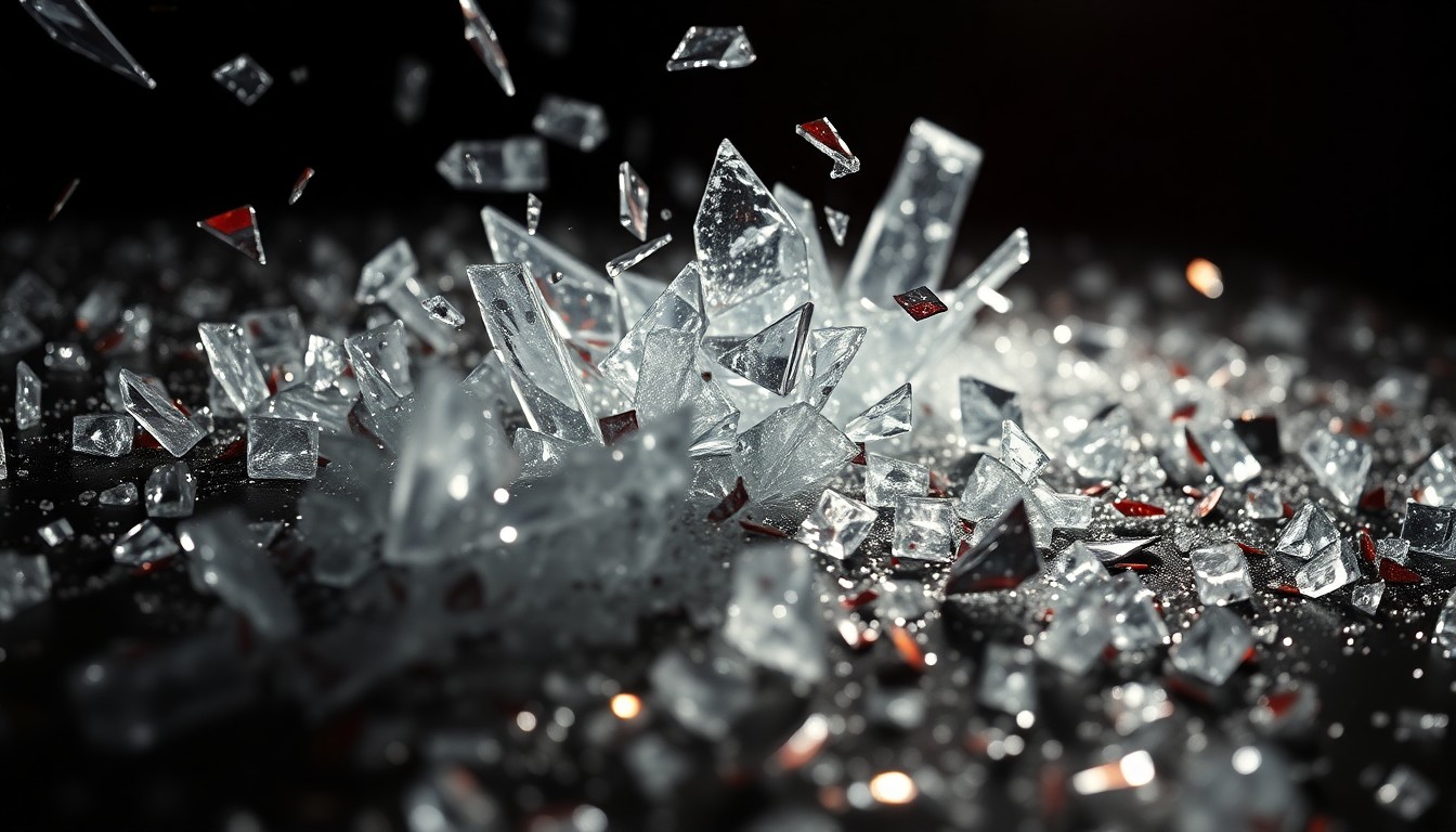 An abstract close-up image featuring shards of shattered glass and glittering sequins, captured in dramatic high-contrast studio lighting to convey the captivating blend of glamour and grit in prestige television crime dramas.