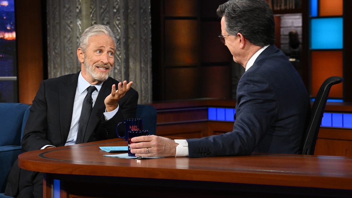 Jon Stewart slams CBS, reunites with Stephen Colbert on 'Late Show'