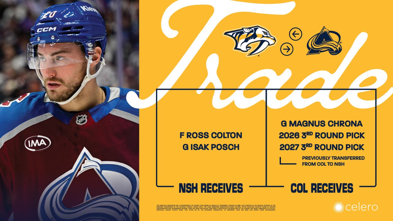 Predators Acquire Forward Ross Colton and Goaltender Isak Posch From Colorado