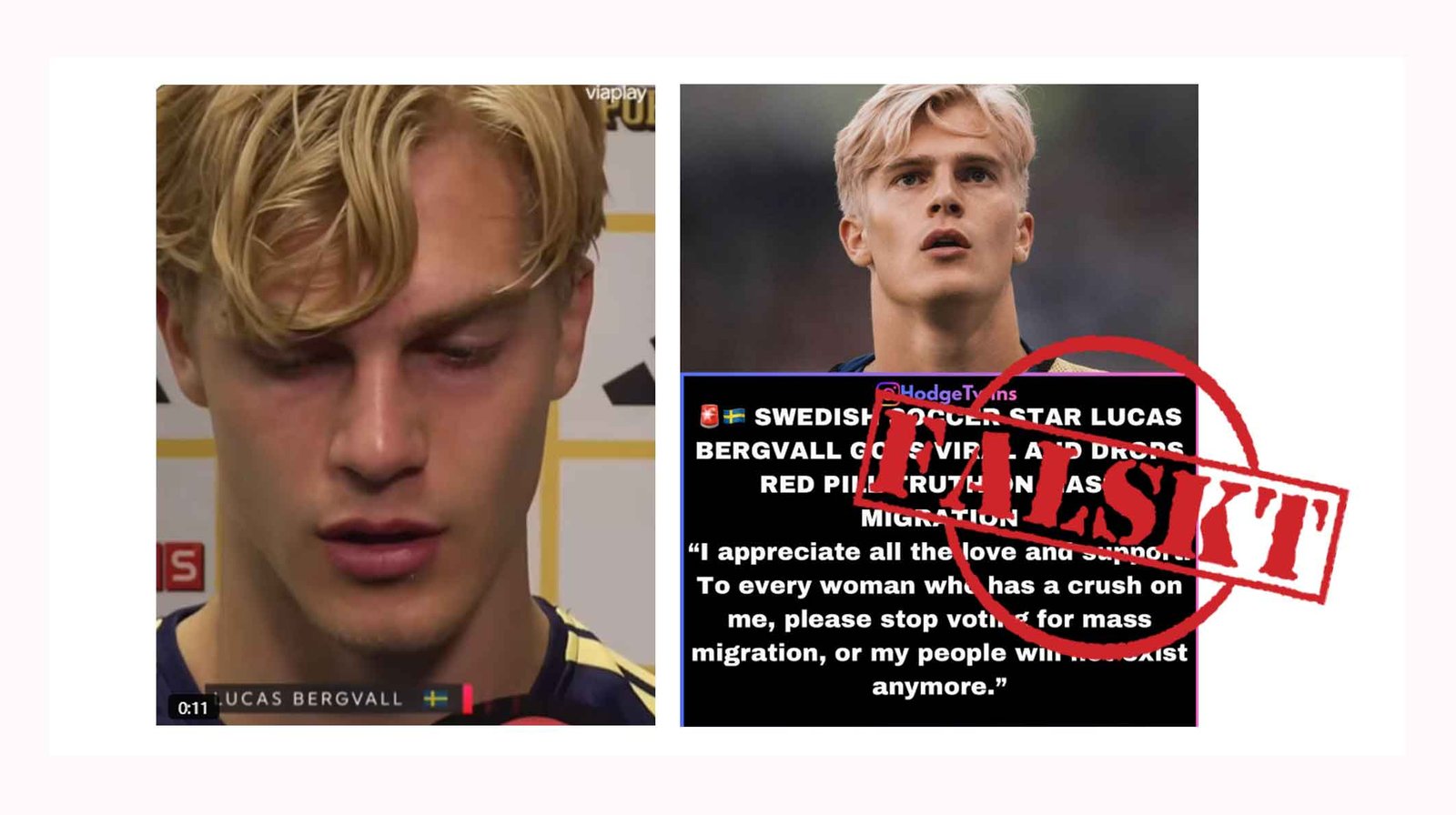 Falskt citat om “massinvandring” tillskrivs svenska fotbollsspelaren Lucas Bergvall