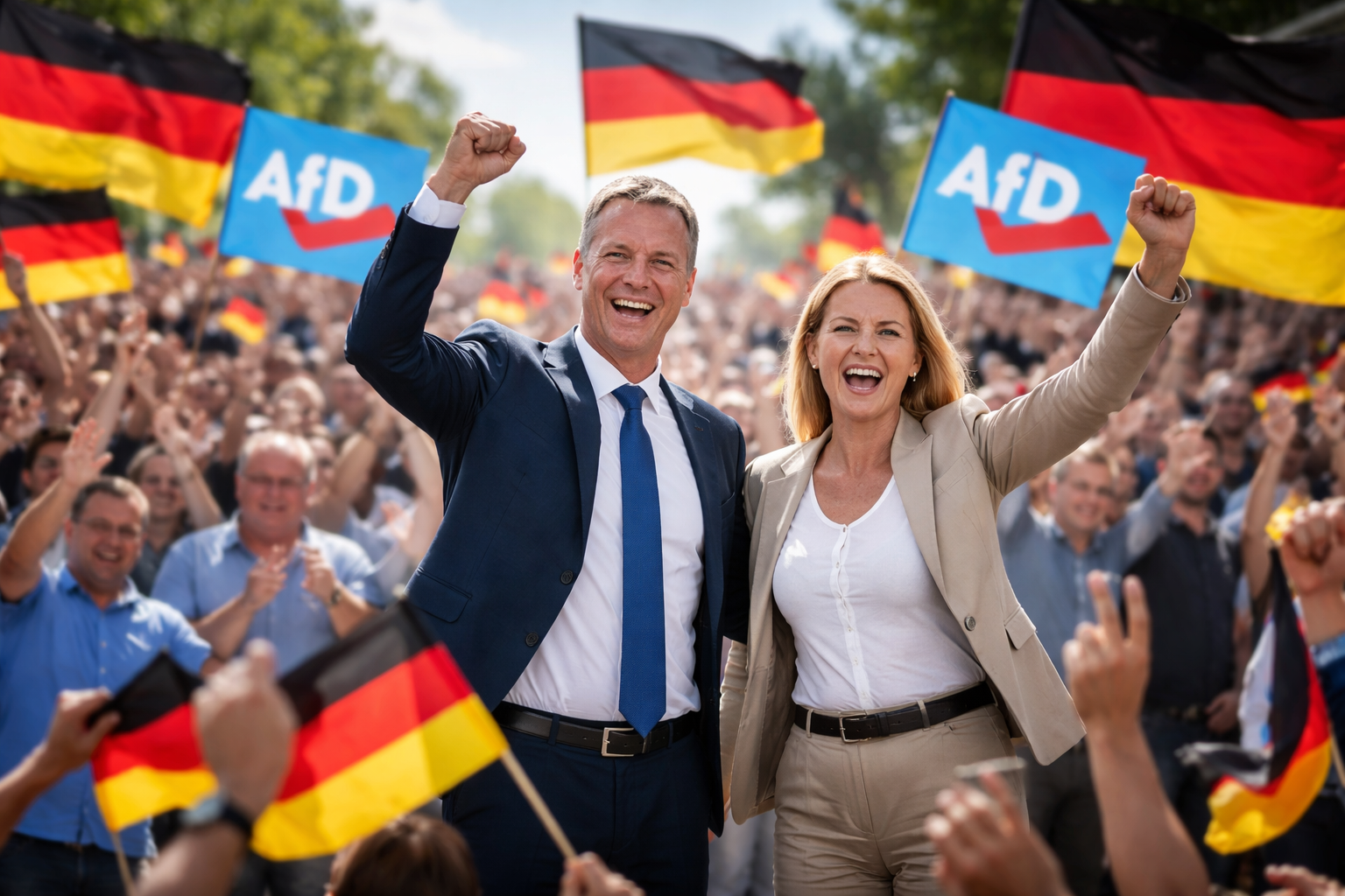 Líderes do AfD celebram vitória histórica em Saxônia-Anhalt com bandeiras e sorrisos