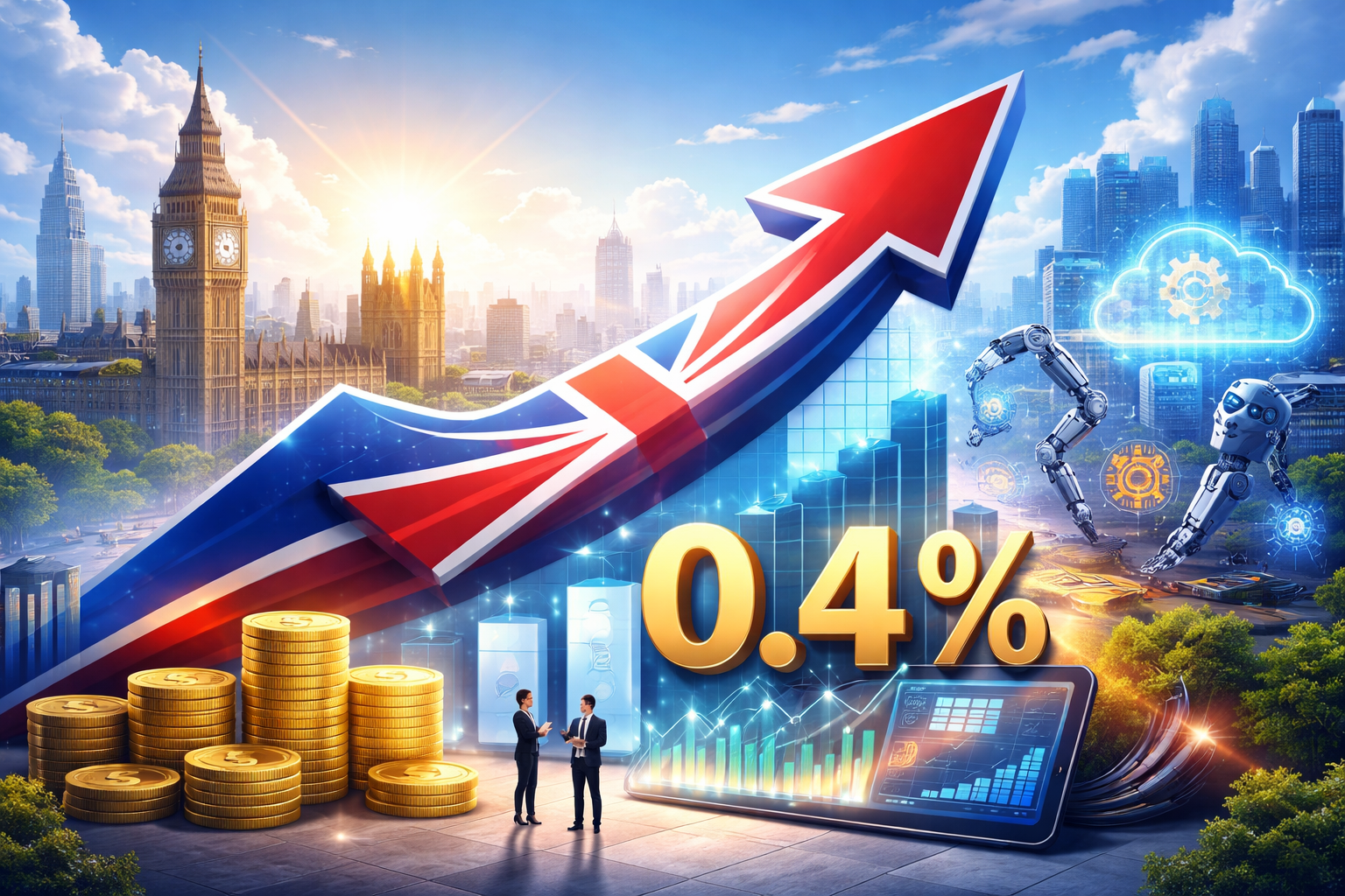 Imagem horizontal ilustrando uk economy surprises with 0.4% crescimento em julho