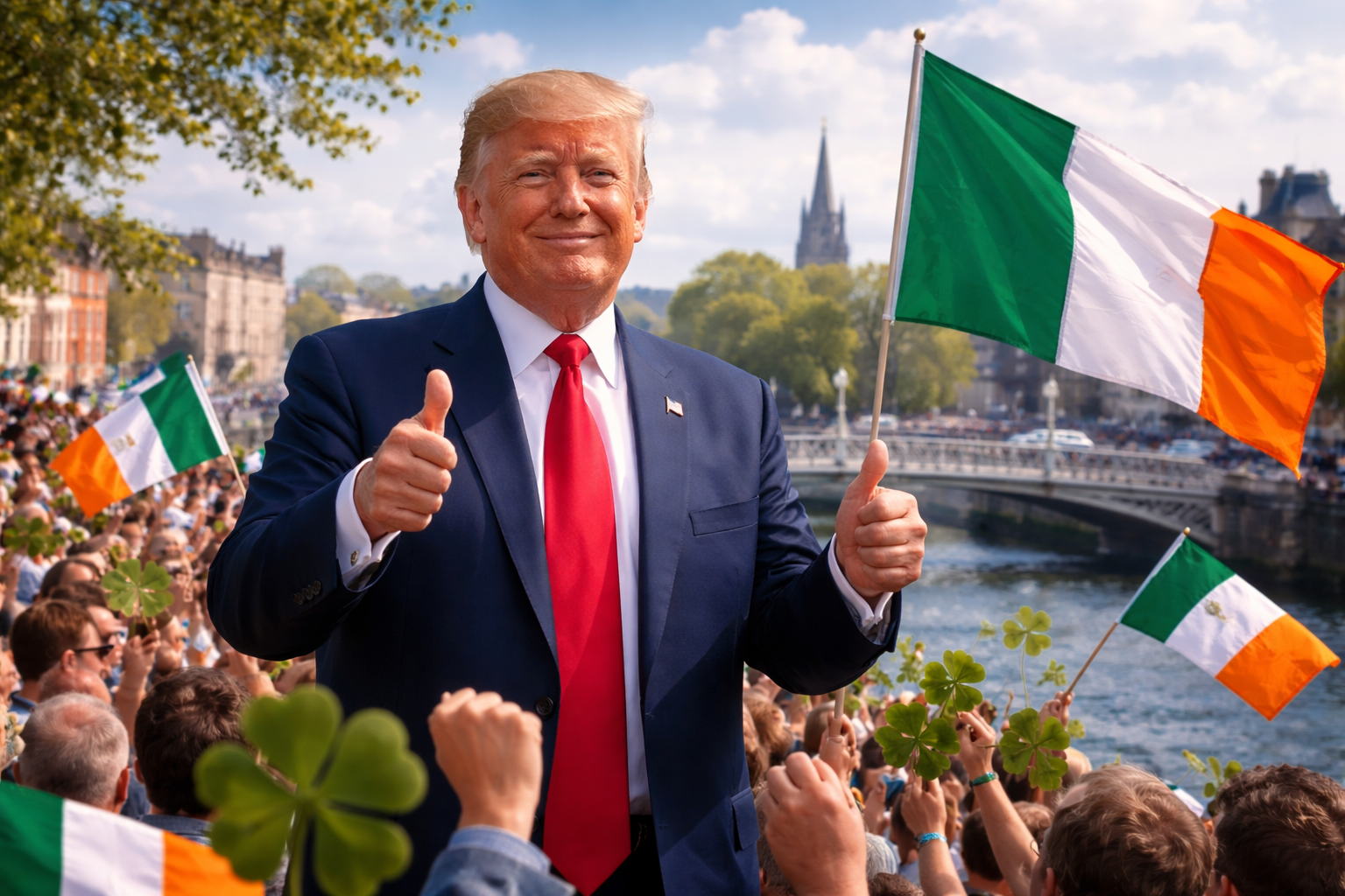 Donald Trump Expresses Support com cenário de Dublin ao fundo em capa 16:9