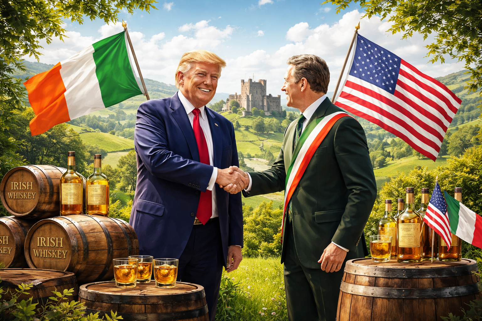 Imagem ilustrativa de Donald Trump reafirmando apoio à Irlanda unida e ao whisky irlandês