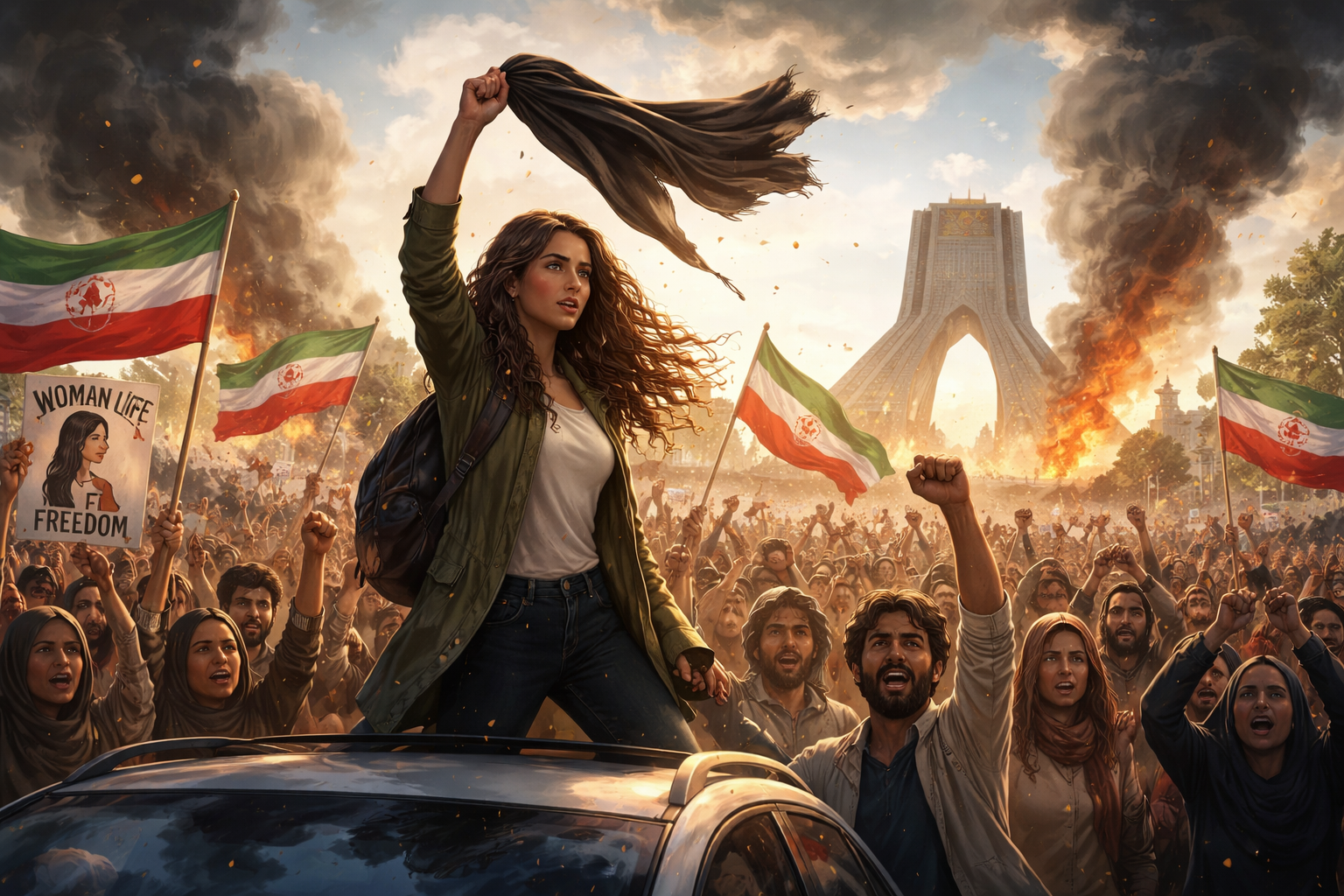 Imagem representando o woman life freedom movement em meio a protestos no Irã