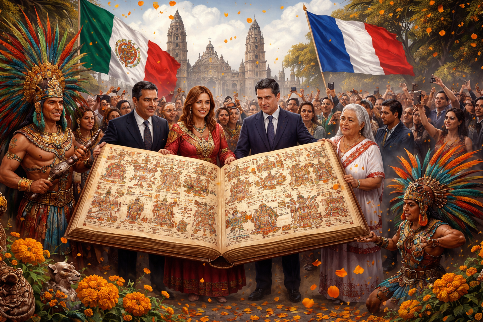 Imagem horizontal sem texto mostrando Azcatitlan Codex Returns to México