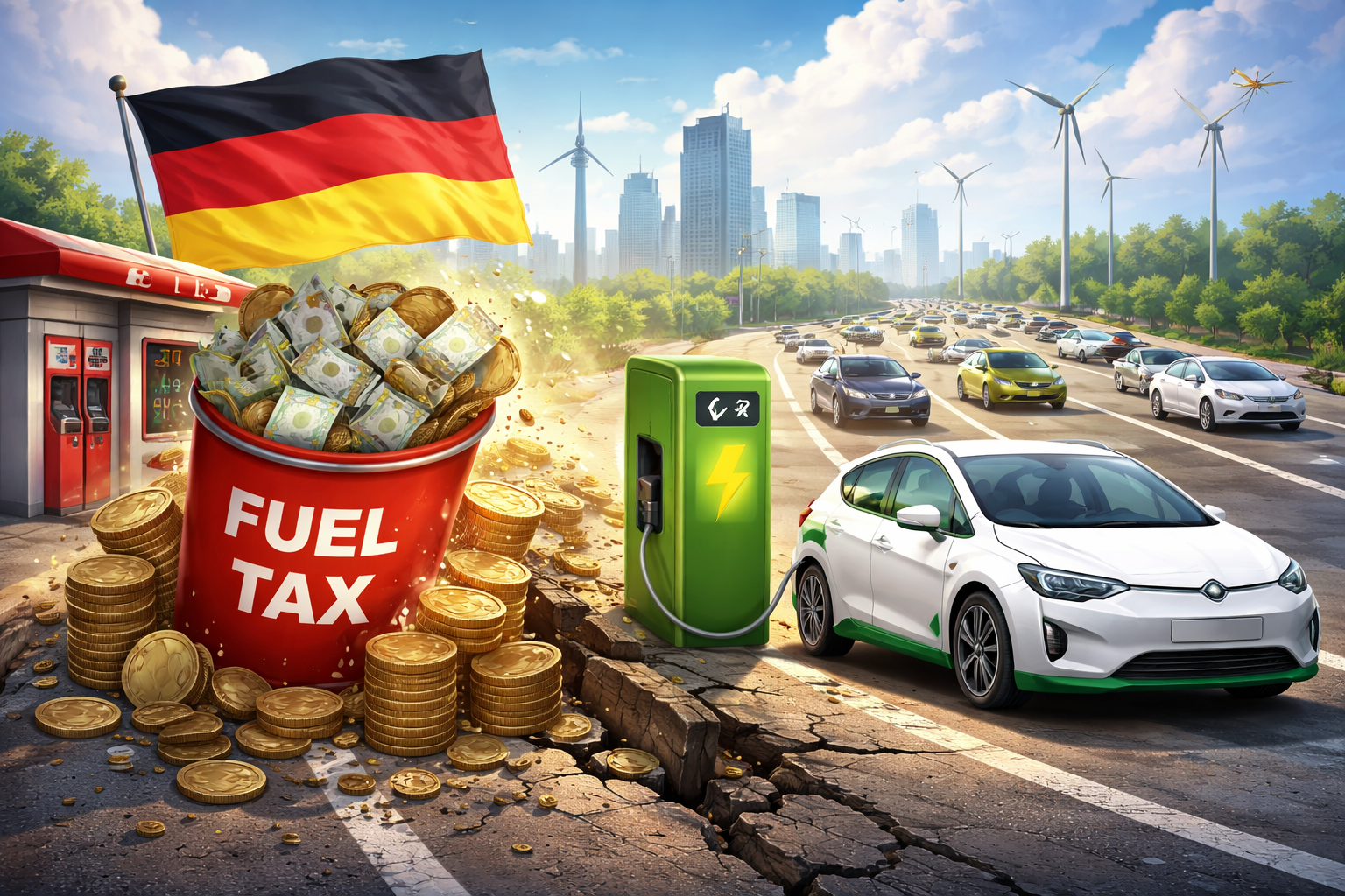 Imagem horizontal representando o impacto do germany s electric car na arrecadação de impostos