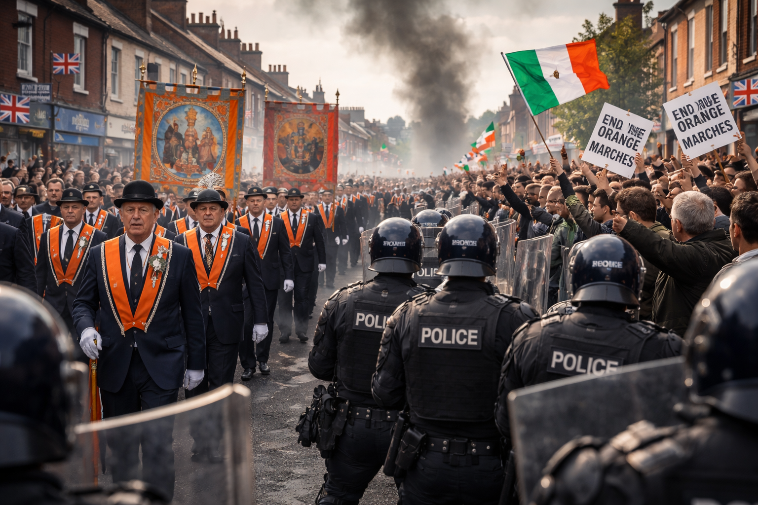 Imagem sem textos representando a Northern Ireland Orange Order em desfile e discussão