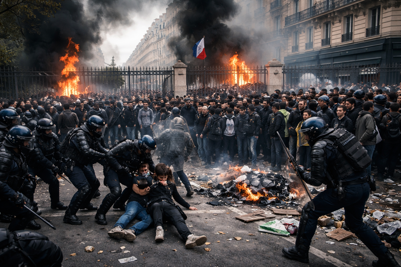 Imagem horizontal 16:9 de manifestações estudantis representando France Detains Over 600