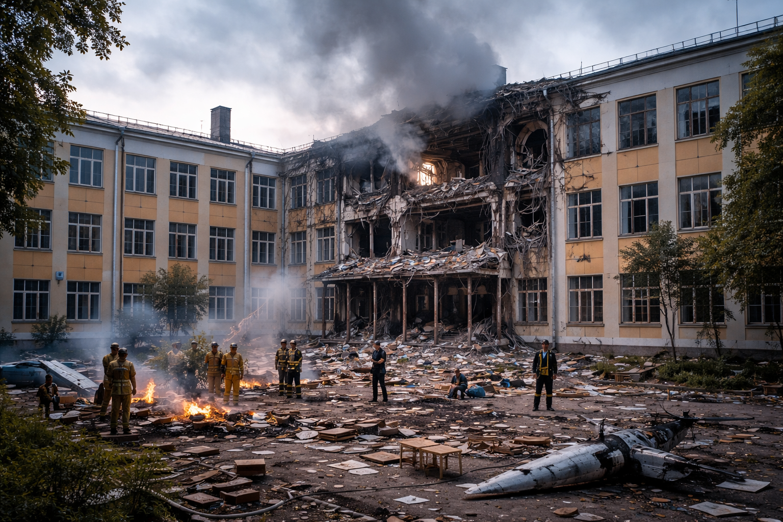 Imagem mostrando danos em escola de Kyiv após Russian Drone Strike damages, sem feridos