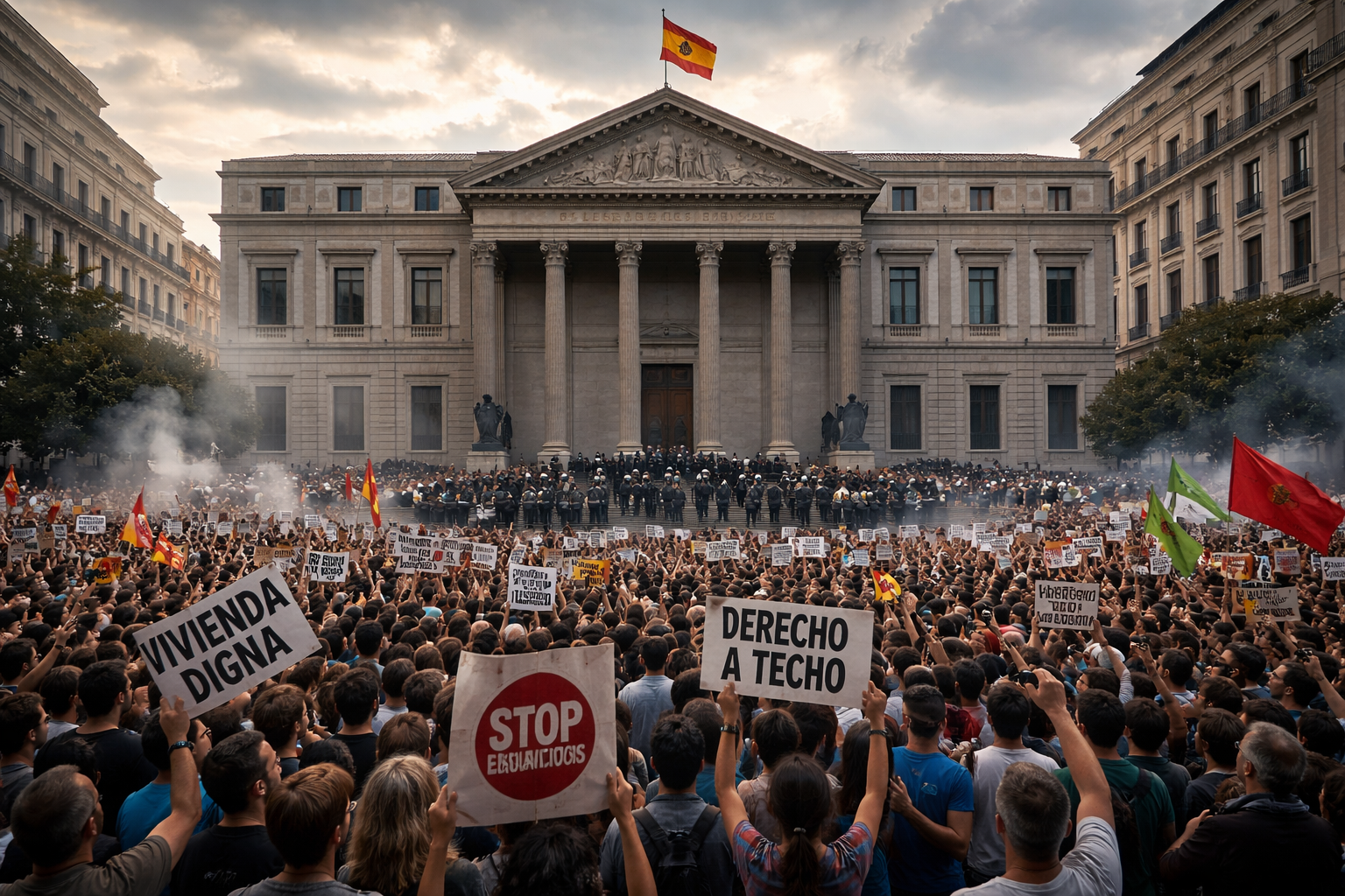 Imagem horizontal mostrando o parlamento da Espanha rejeitando medidas habitacionais durante protestos