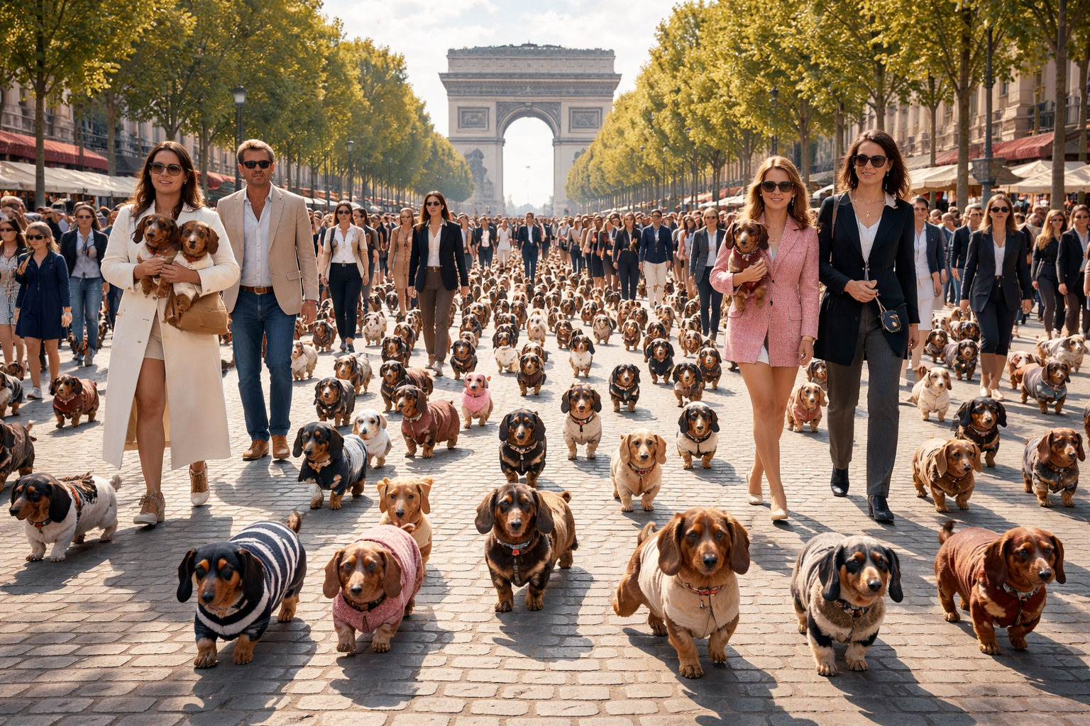 Hundreds of Dachshunds and Their Owners Parade on the Champs-Élysées During Paris Fashion Week