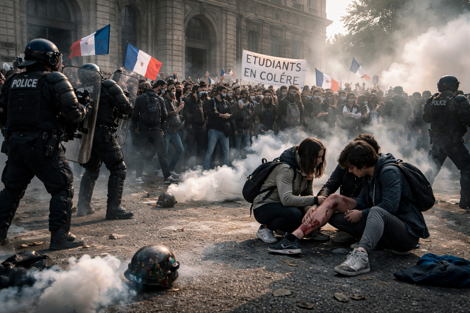 Imagem representando France suspends use of bombas de efeito moral em manifestações estudantis