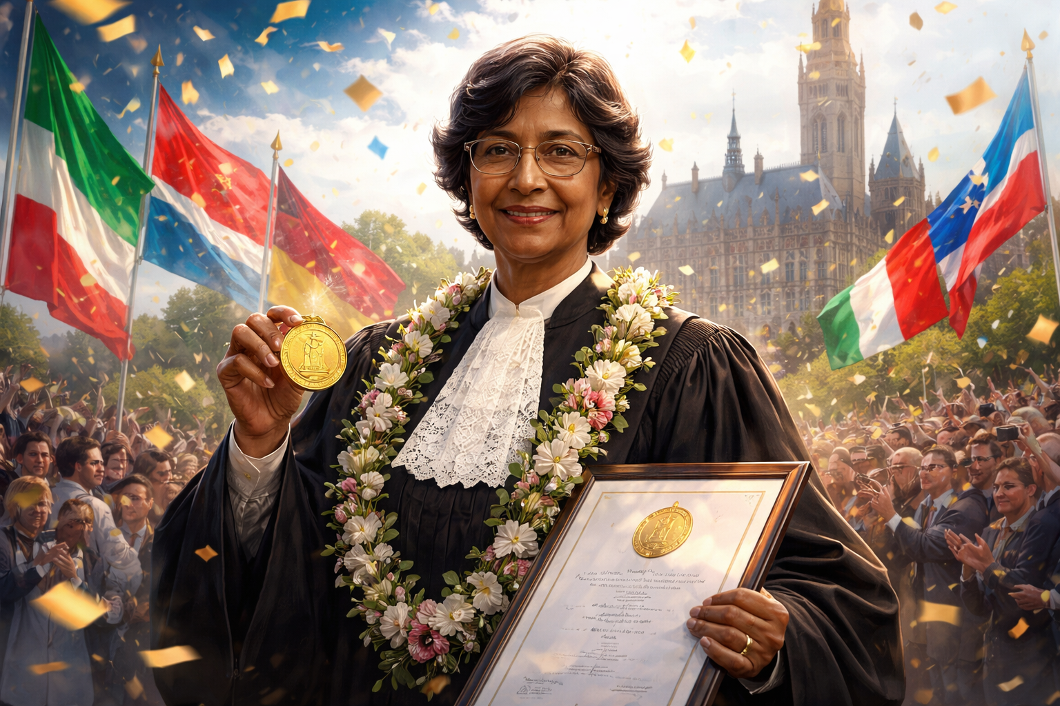 Imagem horizontal 16:9 de ICJ Judge Navi Pillay recebendo Prêmio Nobel da Paz