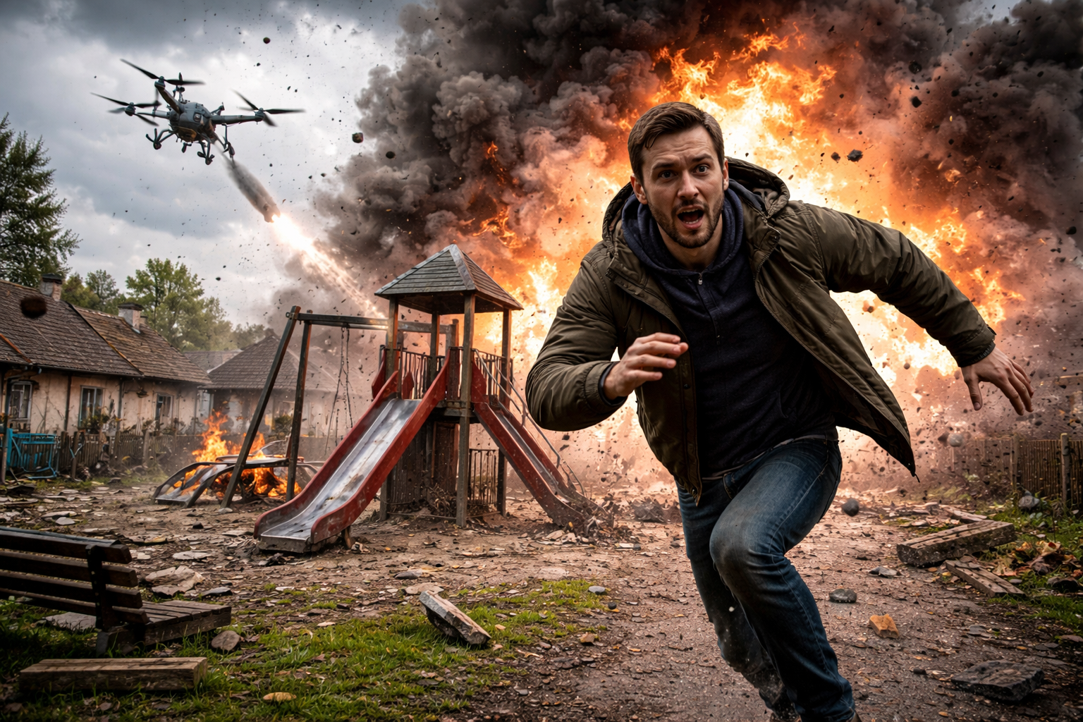 Man Escapes Drone Strike Near Playground in Kyiv Village