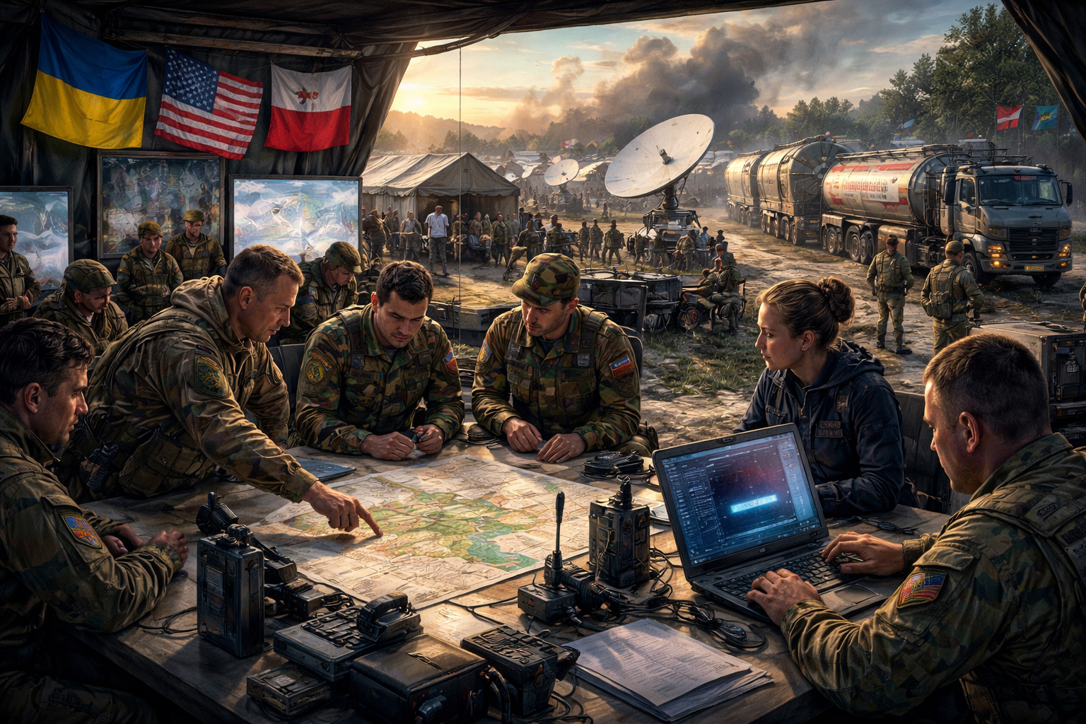 Ilustração representando Ukraine allies in Poland contra sabotagem Starlink e sanções diesel