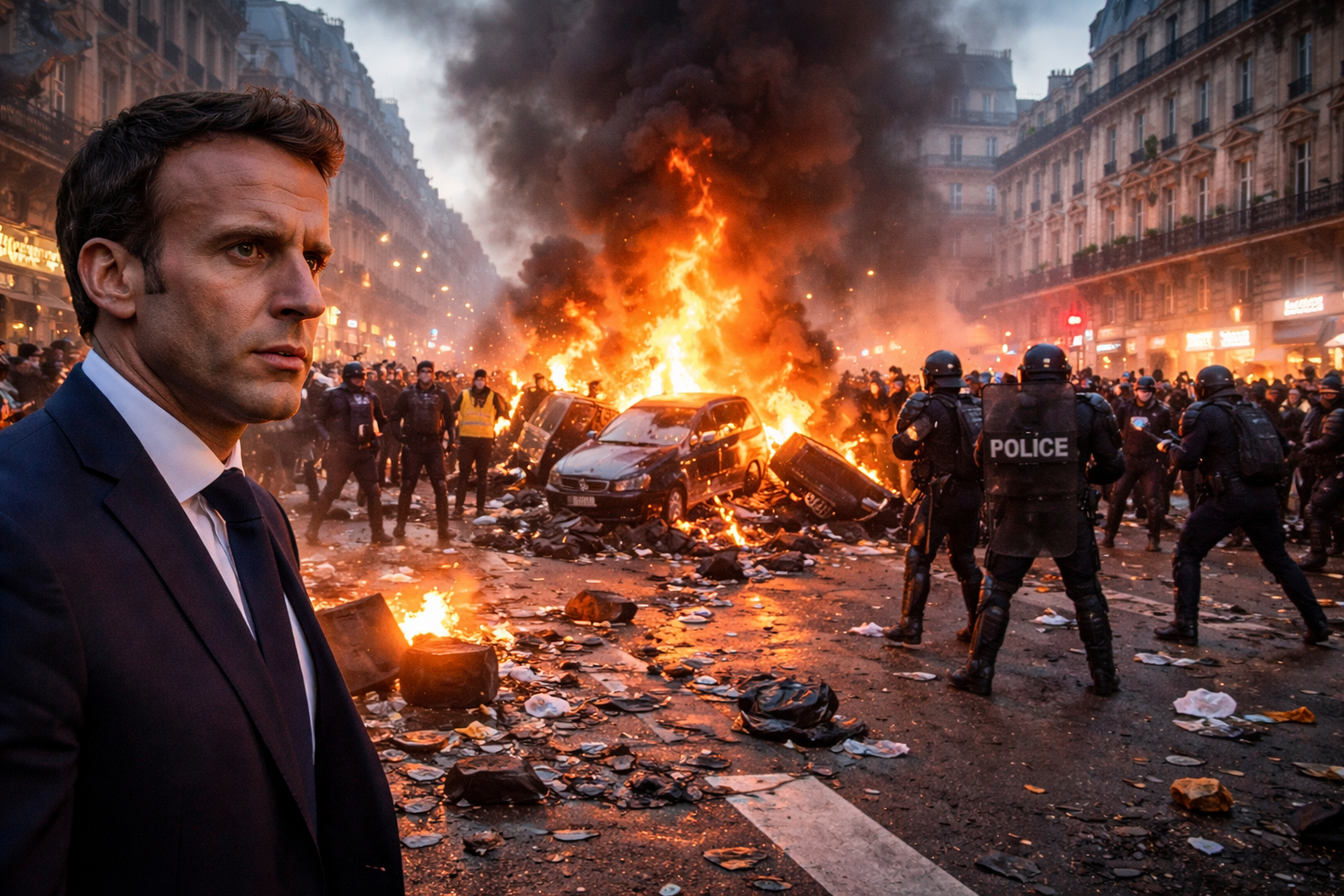 Imagem representando Macron condemns widespread violence em meio a protestos na França