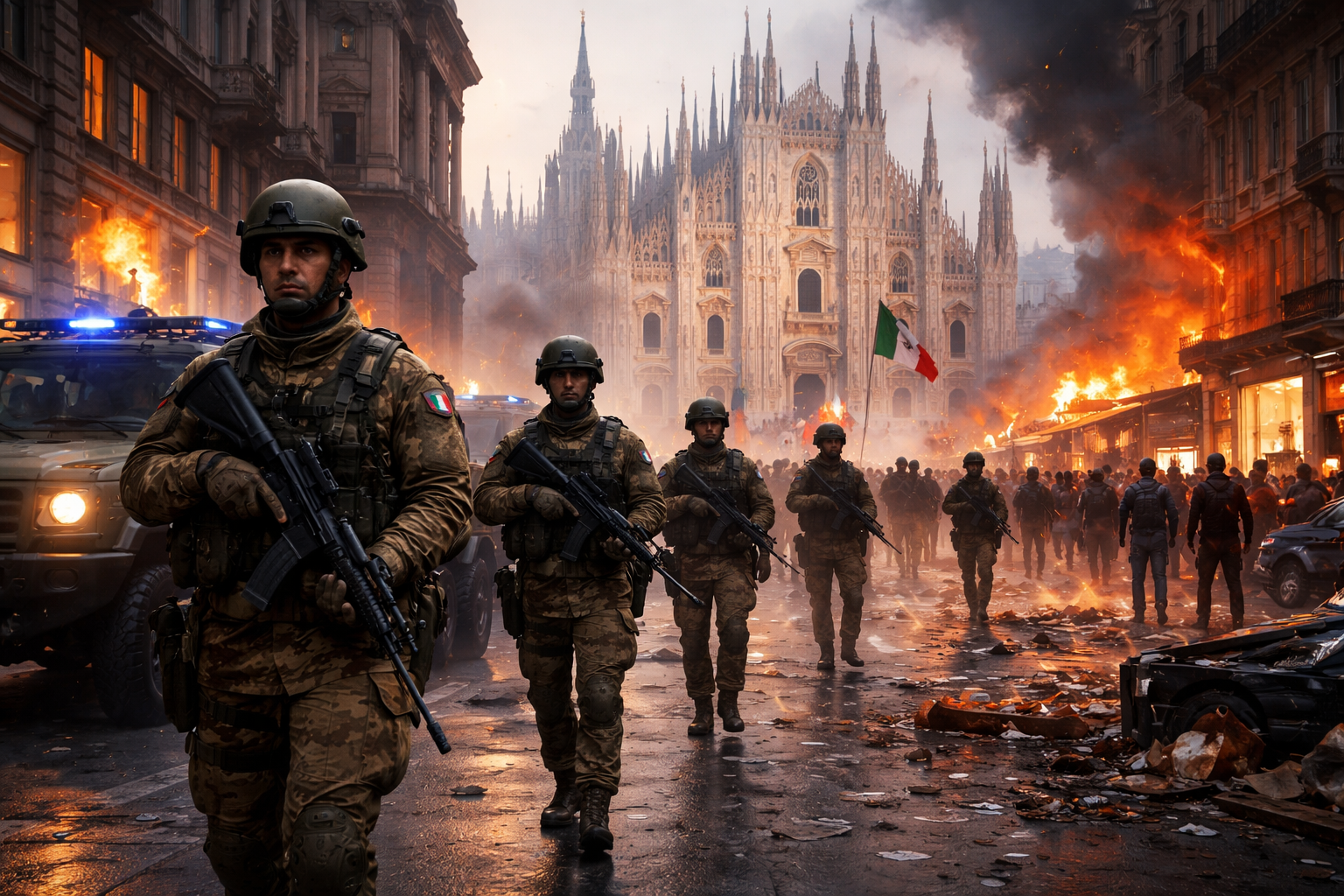 Soldados italianos em linha de frente em Milão enquanto Italy deploys 500 troops enfrenta protestos