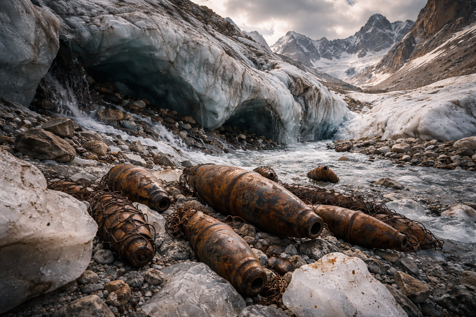 Munições não explodidas da World War I em geleira de dolomita derretendo