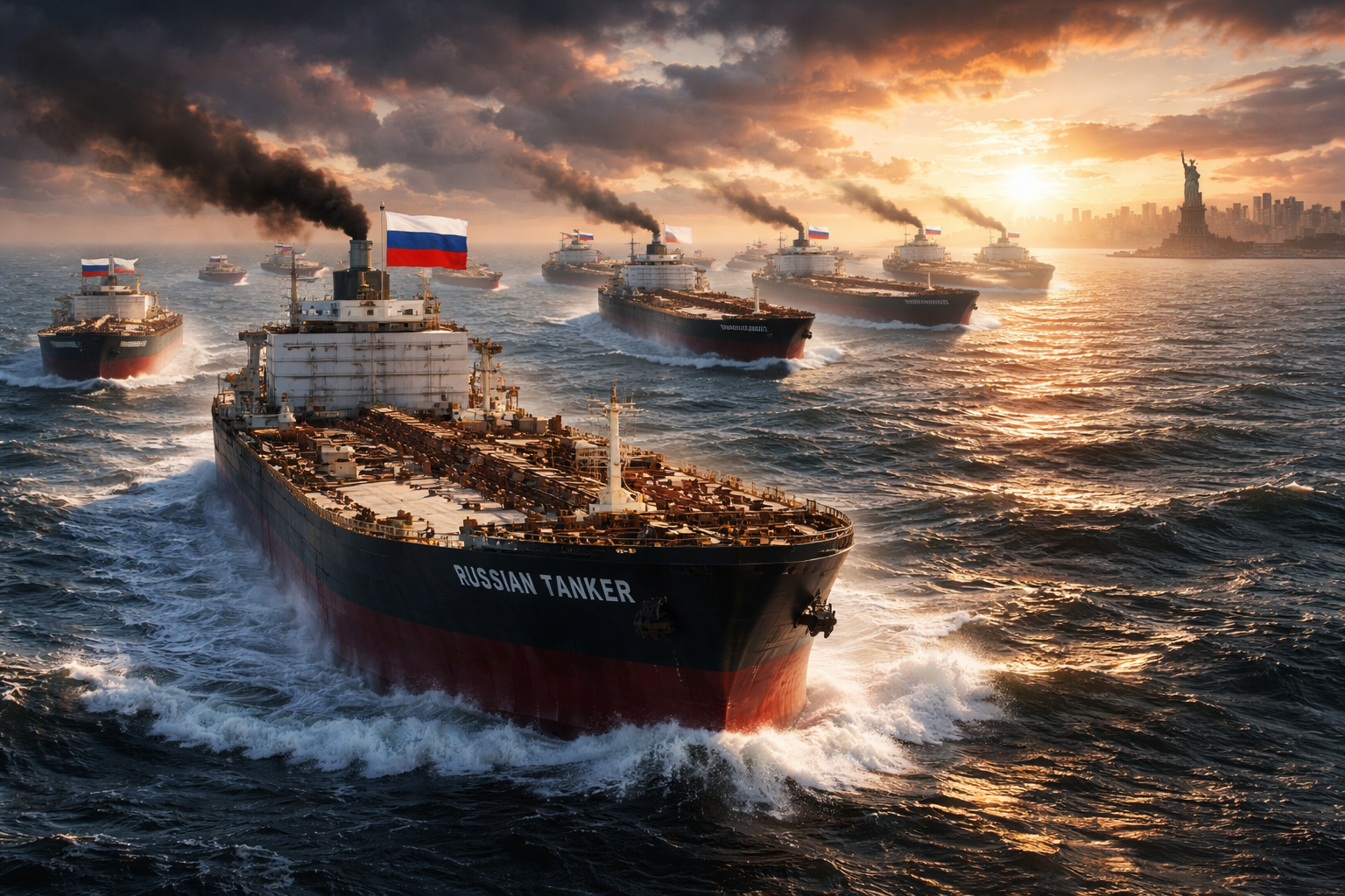 Imagem de sete navios petroleiros russos diesel no mar em rota para os EUA