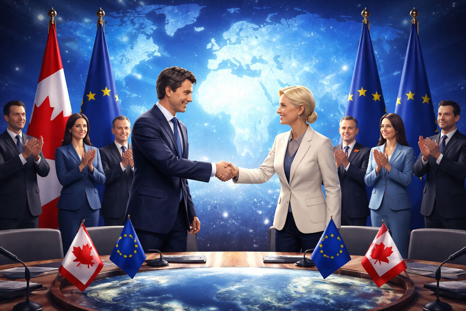 Imagem horizontal 16:9 mostrando a aliança Canada and EU Launch pela estabilidade global
