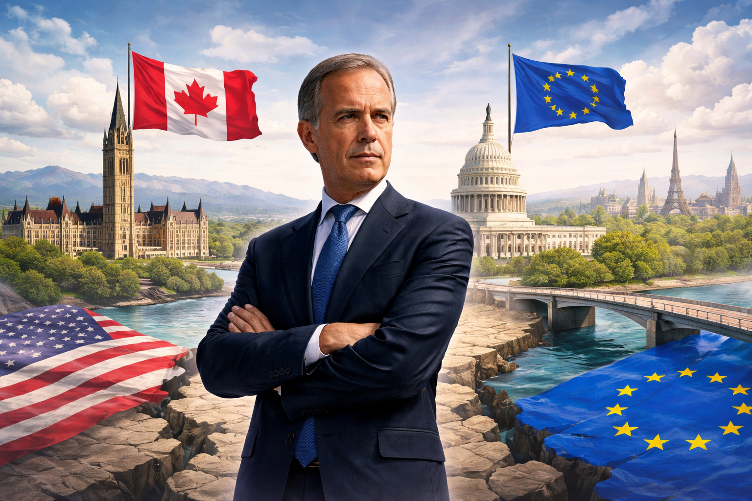 Imagem de capa horizontal 16:9 ilustrando Mark Carney says Canada com símbolos dos EUA e UE
